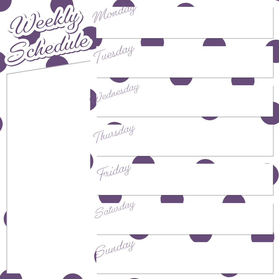 背景透過で正方形の週間配信スケジュール表（紫のドット）
